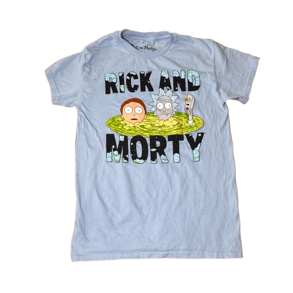 Rick And Morty T-Shirt Mens Size S Light Blue Graphic Portal Cartoon Pop Culture